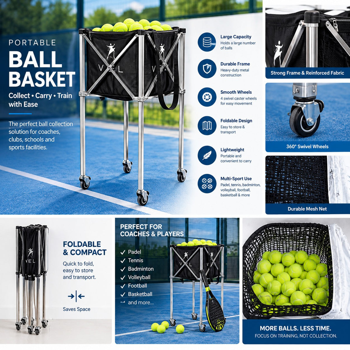 Professional Portable Ball Basket – Heavy-Duty Wheeled Ball Collection & Storage Cart